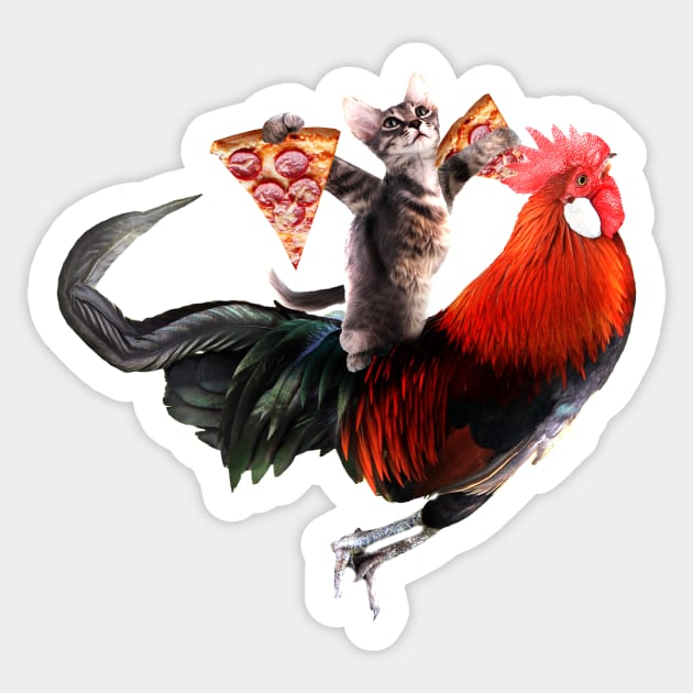 Cat with 2 Pizza Slices Riding Rooster Sticker by Random Galaxy